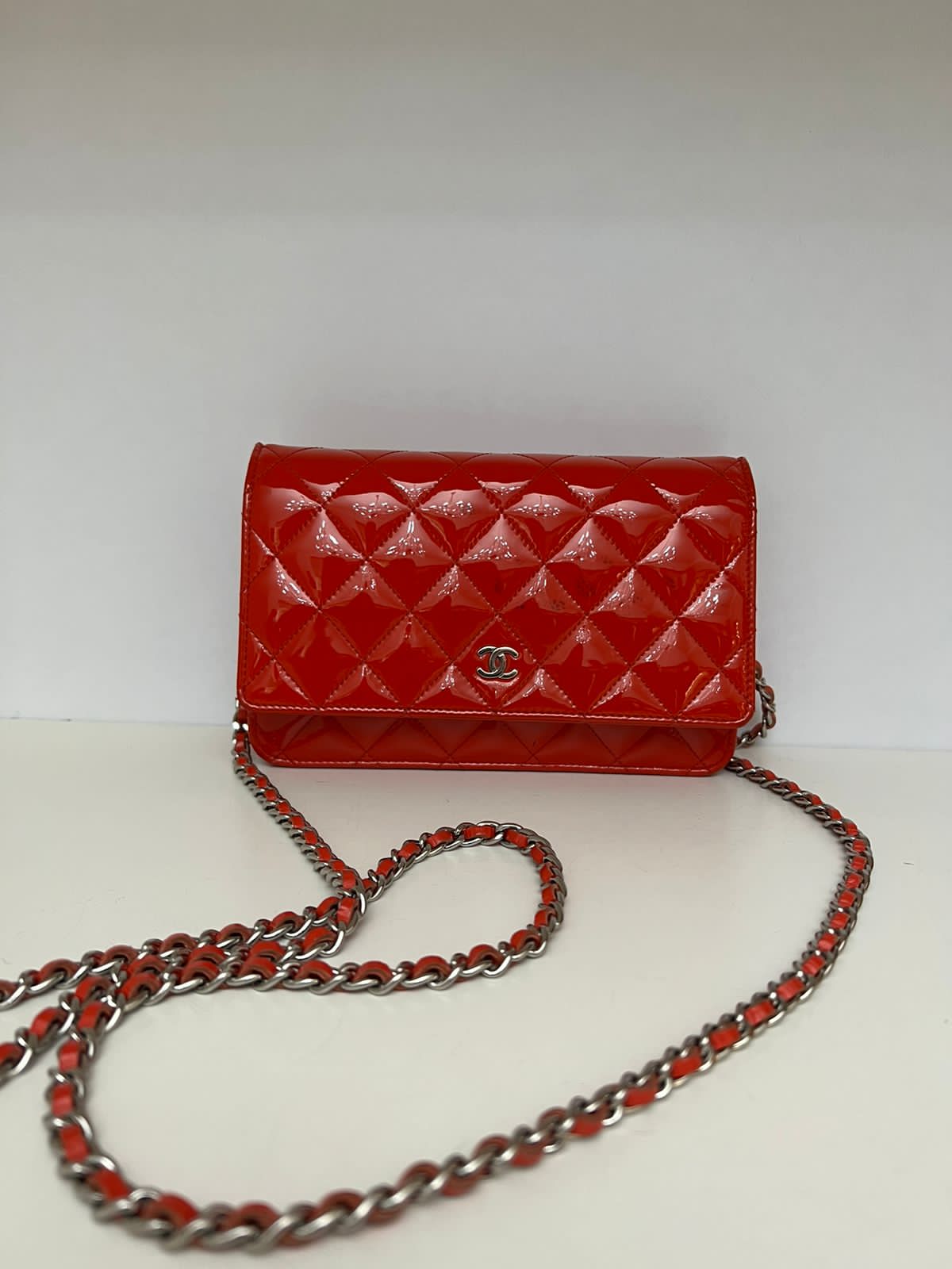 CHANEL Patent Quilted Wallet On Chain WOC Red