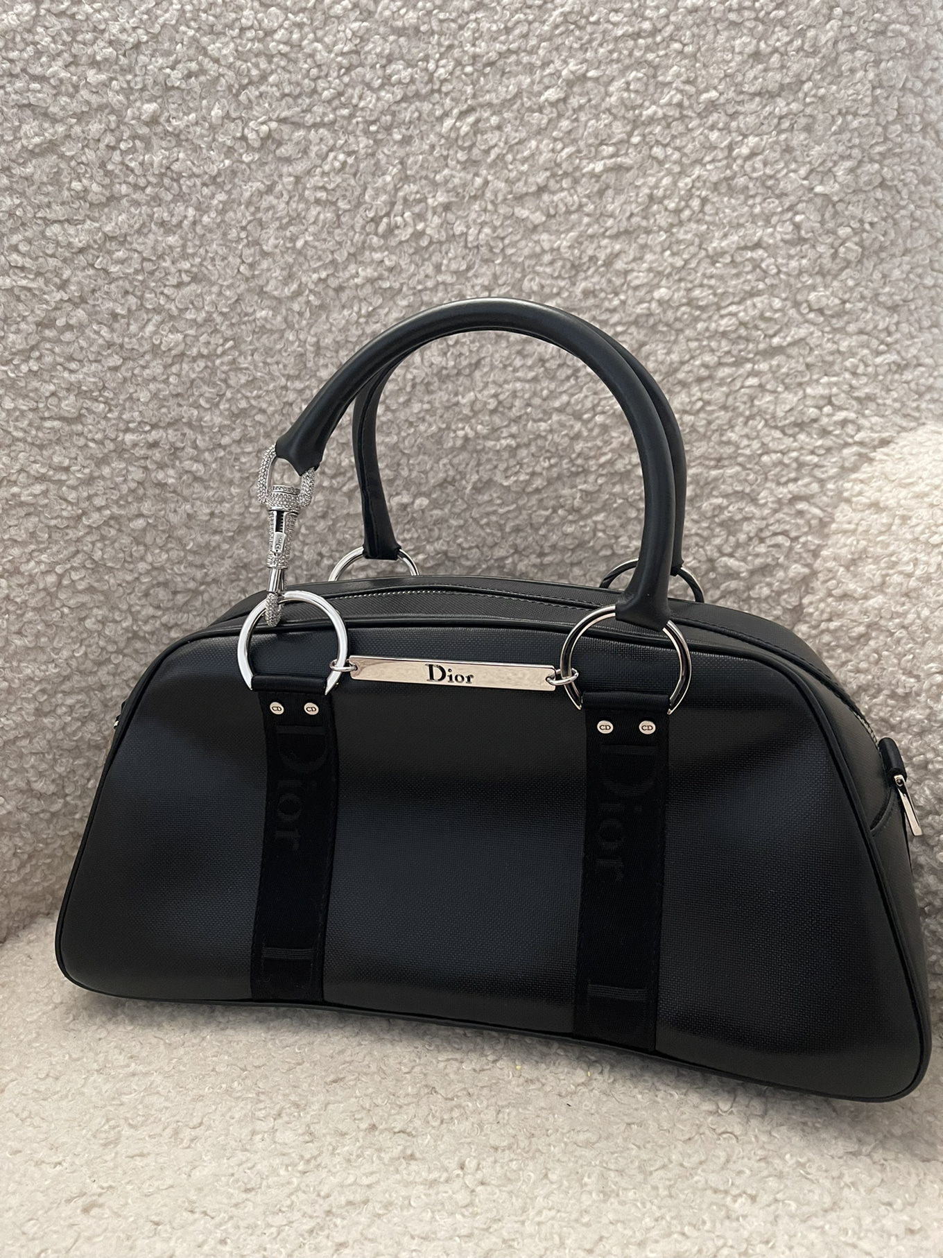 Dior Black Leather Crystal Hook Bowling Bag