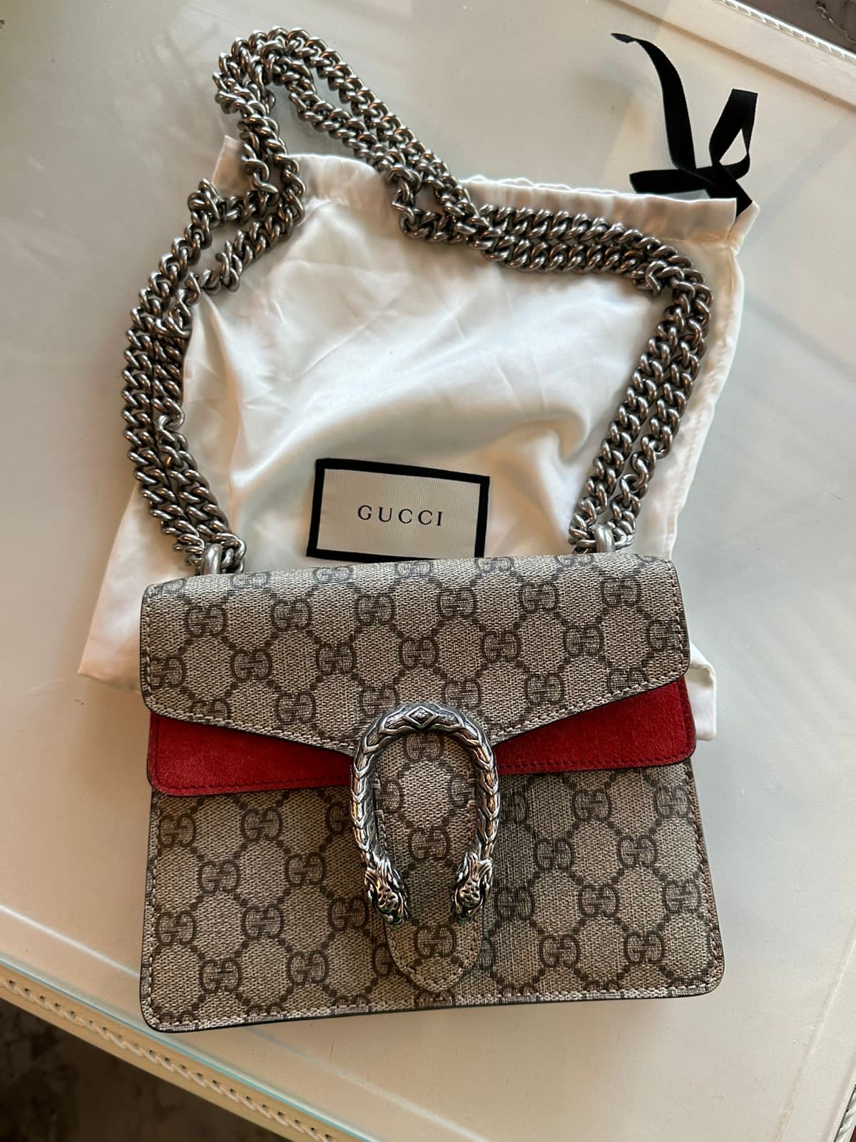 Gucci Red/Beige GG Supreme Canvas and Suede Mini Dionysus Shoulder Bag
