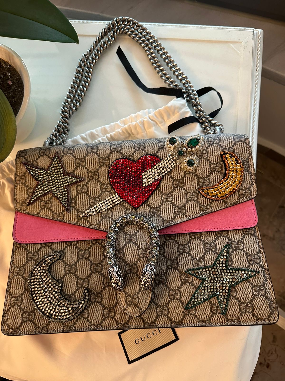 GUCCI Beige GG Supreme Canvas Embroidered Sequin Medium Dionysus Shoulder Bag